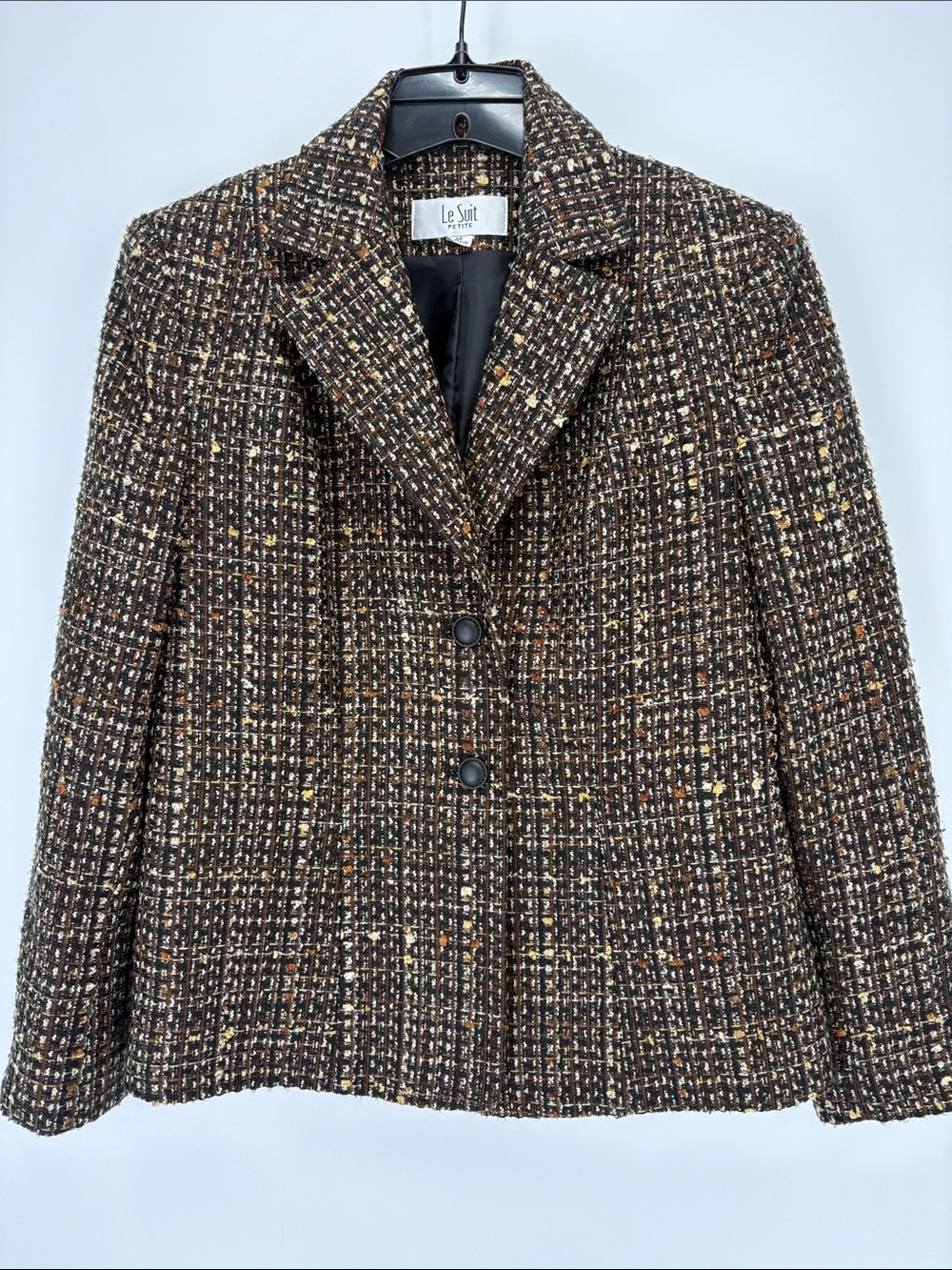 🦅 Le Suit Dark Brown Tweed Blazer with Multicolor Flecks black tan gold